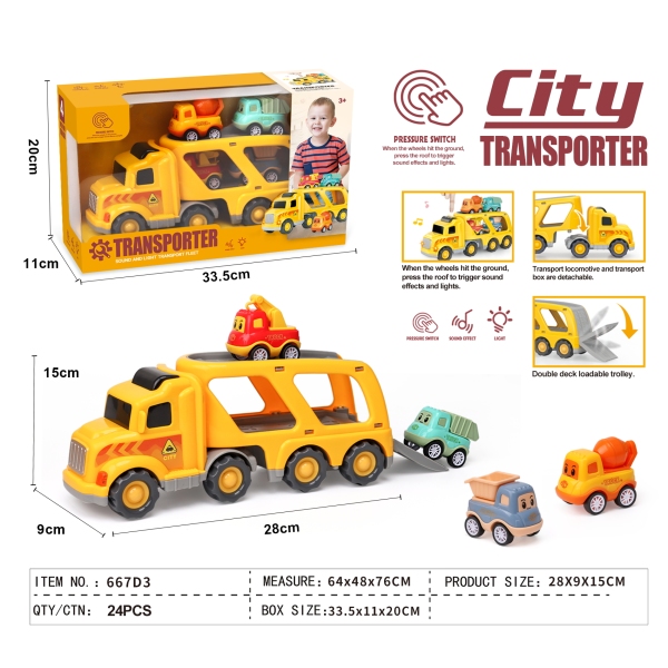 667D3 Set mini vehicule de transport, lumină și sunet,  baterie inclusă, roți negre, plastic