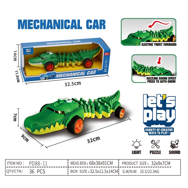 Mașină crocodil programabilă, electrică, lumină, sunet,  reîncărcabilă, roți negre, plastic, PD88-11