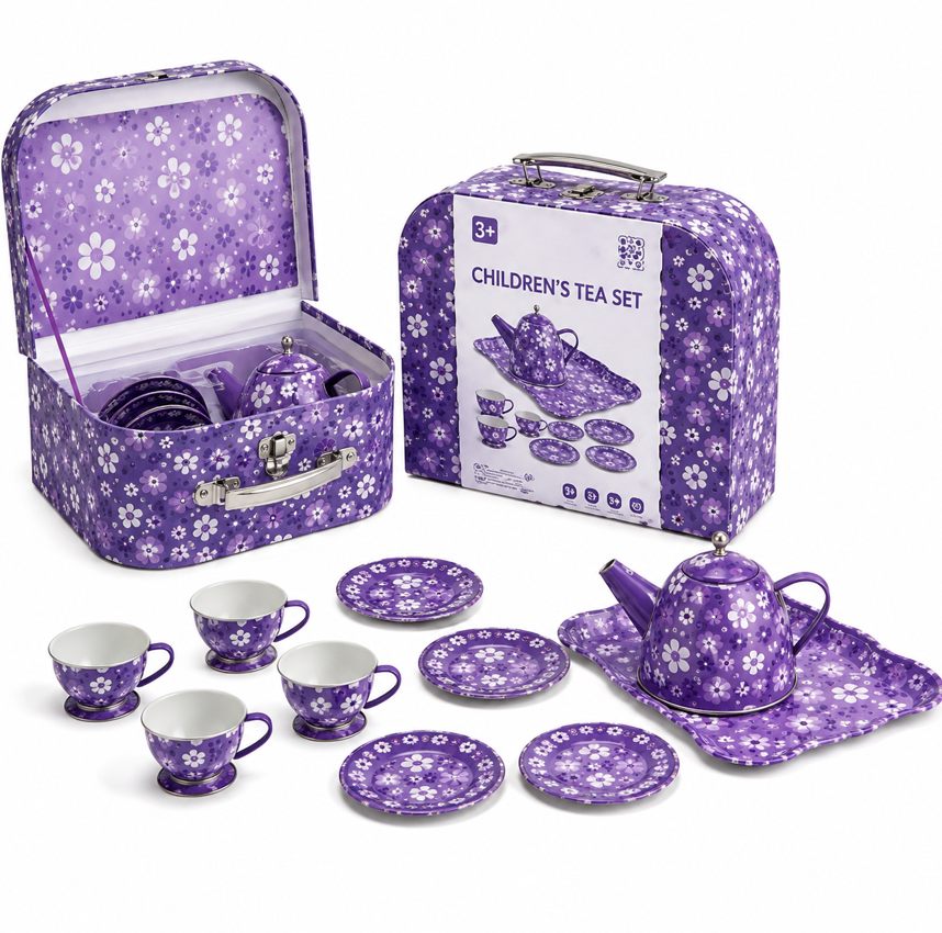 Set de ceai intr-o valiza, mov, metal, 555-CH002