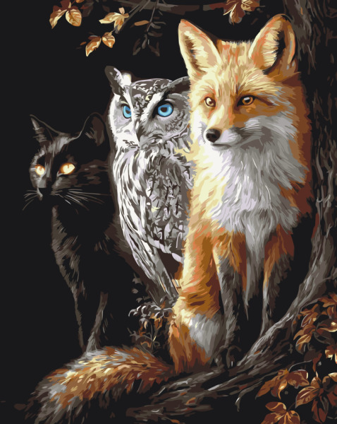 Pictura pe numere Animale. Triada padurii de noapte (vulpe, bufnita si pisica) 40*50 Origami, LW3141-01