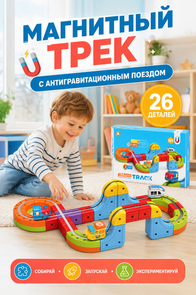 Constructor magnetic cu tren antigravitațional, 26 piese USB, 655-27A
