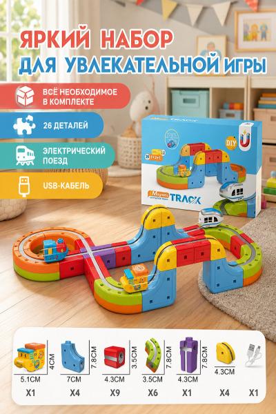 Constructor magnetic cu tren antigravitațional, 26 piese USB, 655-27A