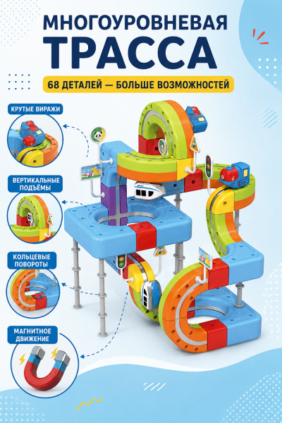 Магнитный поезд с магнитной дорожкой 68 дет, USB., 655-42A