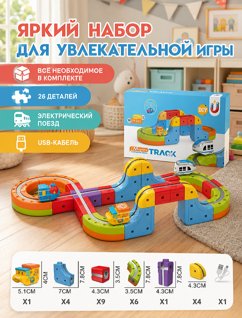 Магнитный конструктор-трек с антигравитационным поездом, 26 деталей, USB, 655-27A