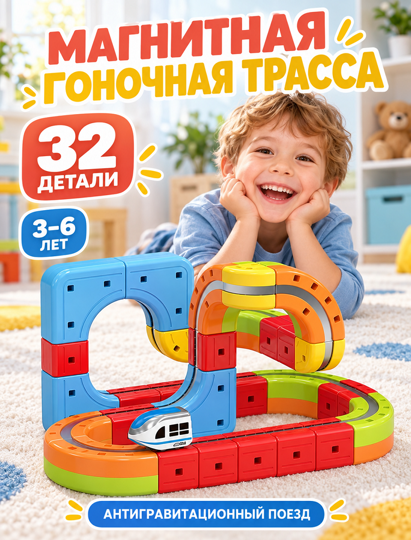 Магнитный конструктор-трек с антигравитационным поездом 32 дет, USB., 655-28A