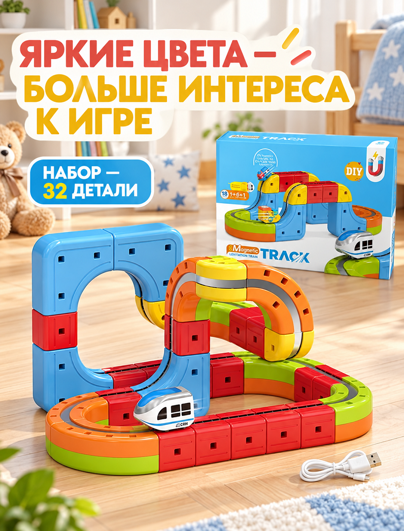 Магнитный конструктор-трек с антигравитационным поездом 32 дет, USB., 655-28A