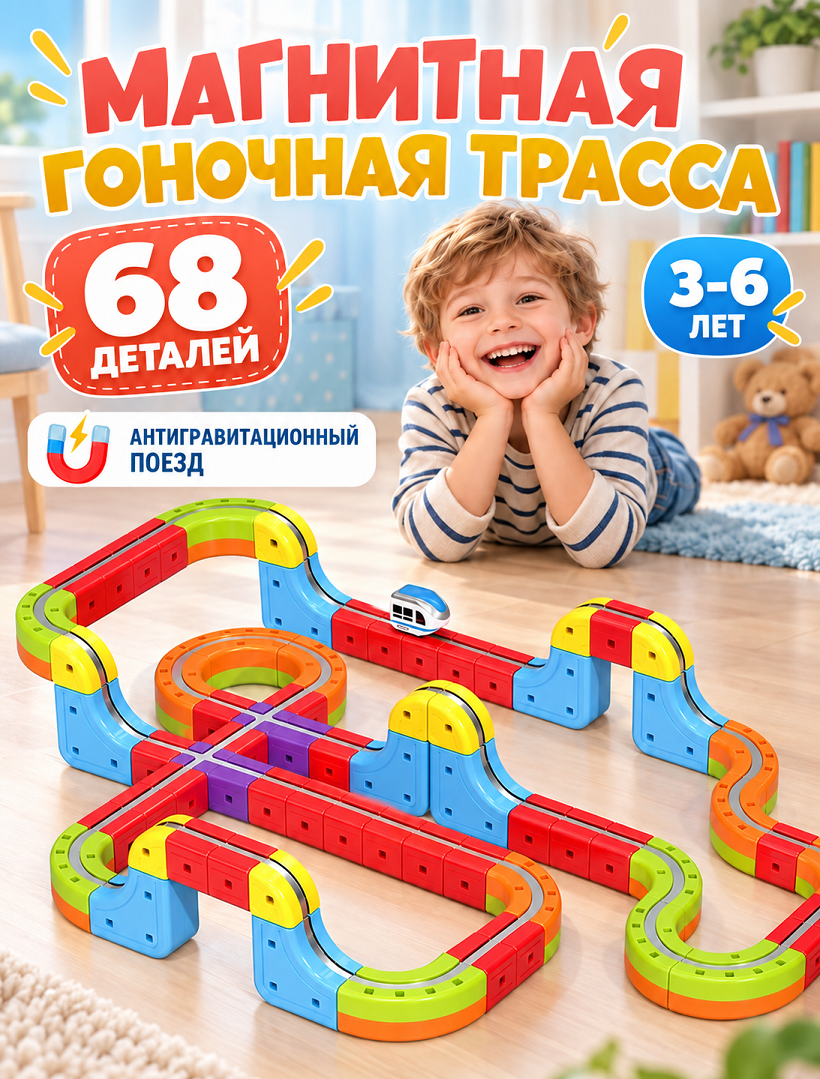 Магнитный конструктор-трек с антигравитационным поездом 68 дет, USB., 655-34A