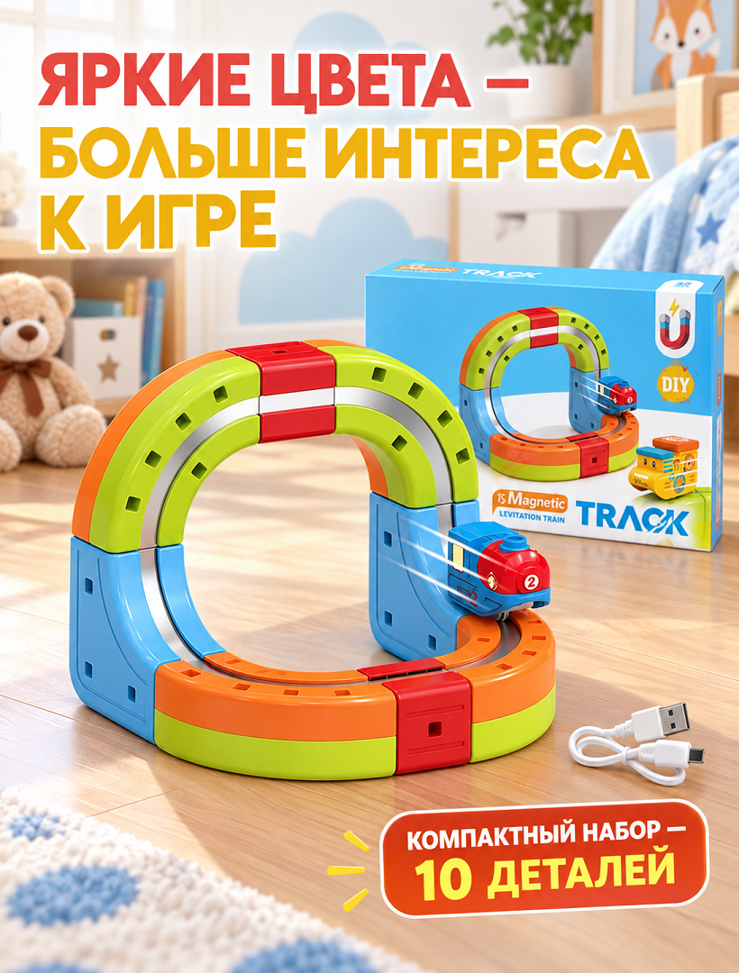 Магнитный конструктор-трек с антигравитационным поездом 10 дет, USB., 655-7A