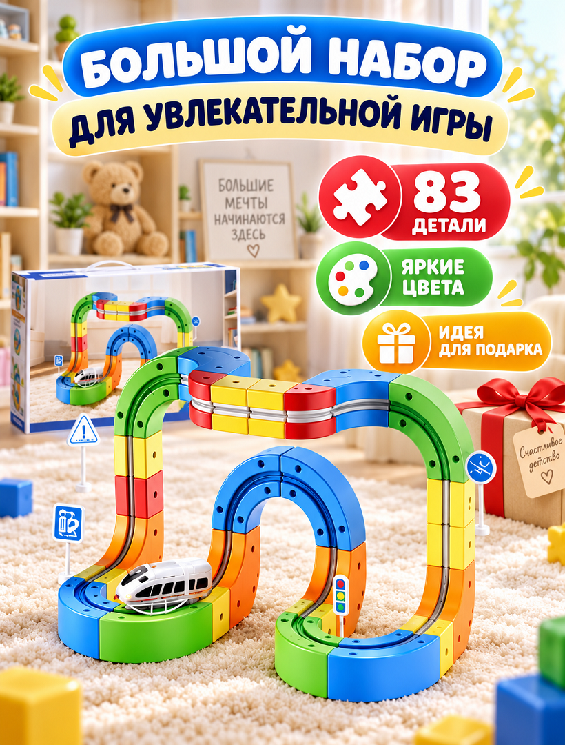 Магнитный конструктор-трек с антигравитационным поездом 83 дет, USB., 333-25