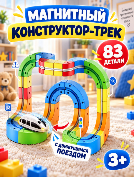 Магнитный конструктор-трек с антигравитационным поездом 83 дет, USB., 333-25