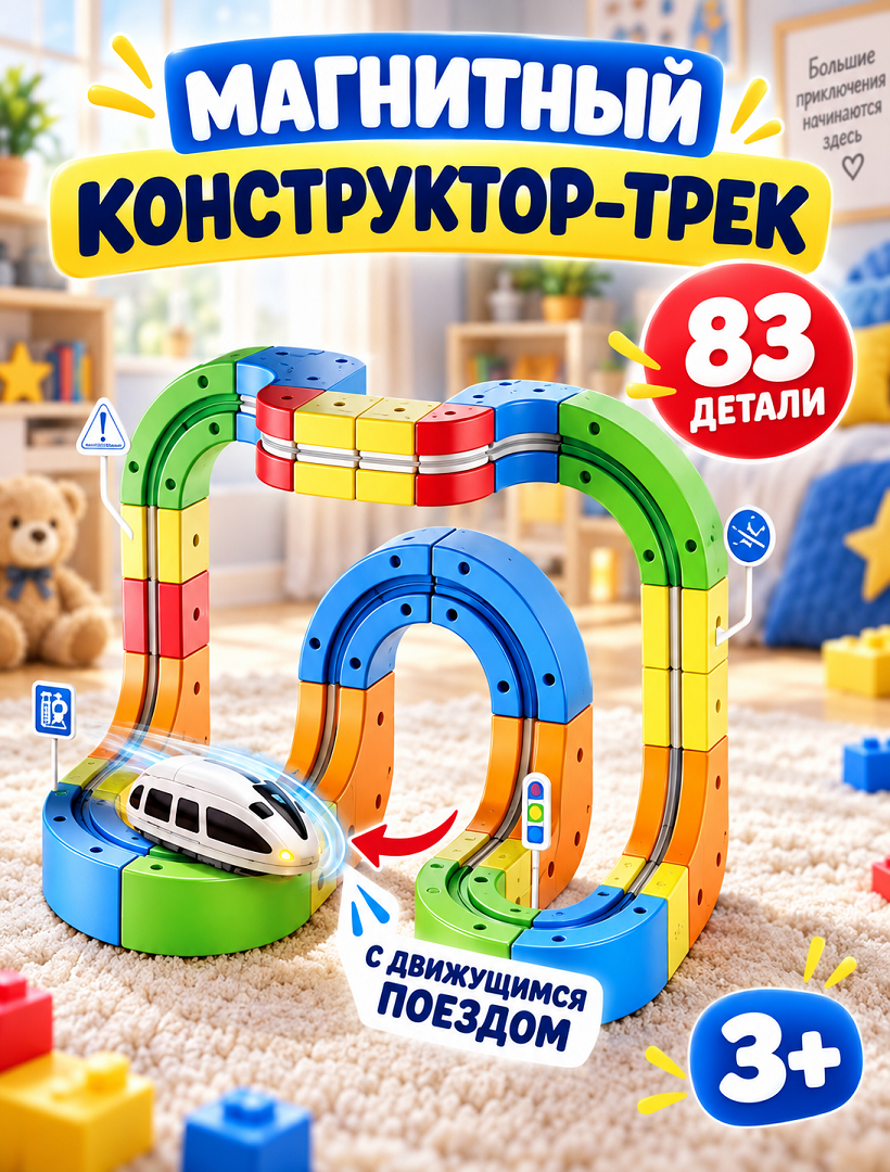 Магнитный конструктор-трек с антигравитационным поездом 83 дет, USB., 333-25