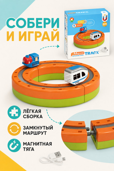 Магнитный конструктор-трек с антигравитационным поездом 6 дет, USB., 655-3A