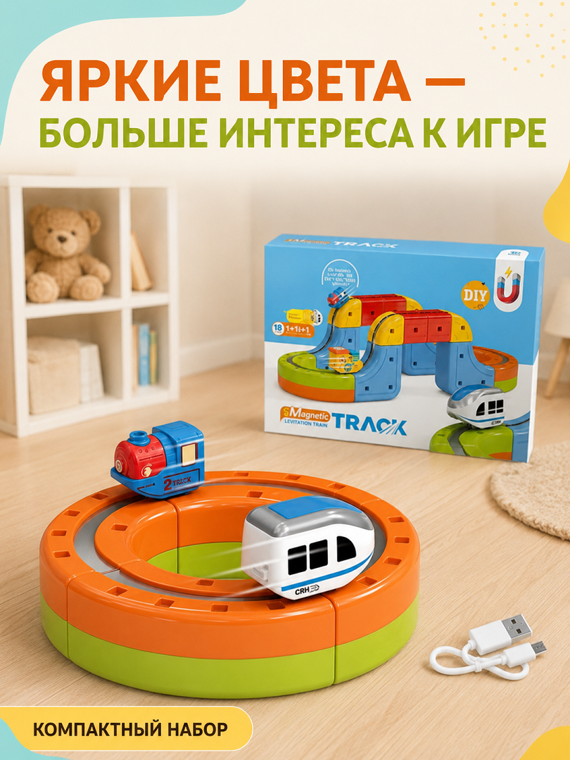 Магнитный конструктор-трек с антигравитационным поездом 6 дет, USB., 655-3A