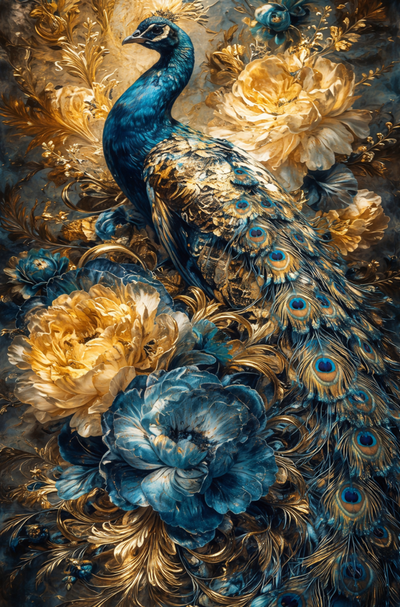 Pictura pe numere „Paun printre flori”, cu vopsele metalice, 40×80 cm Origami, LW5183