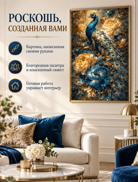 Картина по номерам "Павлин среди цветов с красками металлик" 40x80см Оригами, LW5183
