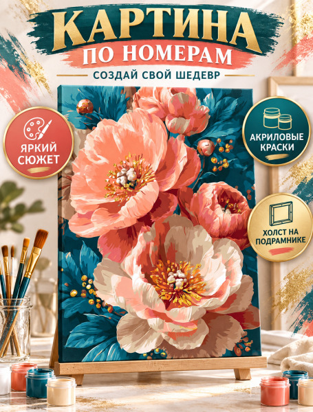 Картина по номерам Цветы. Розовые пионы с красками металлик 40*50 см Оригами, LW3170-01