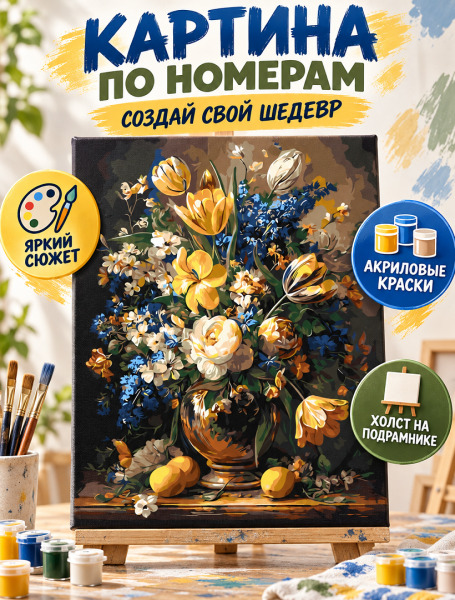 Pictura pe numere „Flori. Buchet clasic”, cu vopsele metalice, 40×50 cm Origami, LW3174-01