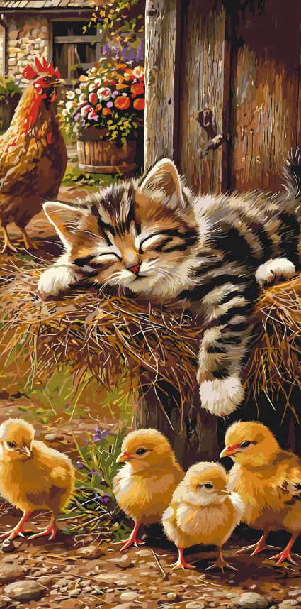 Картина по номерам Животные. Сладкий сон: котёнок, петух и цыплята, 40×80 см,LW5230