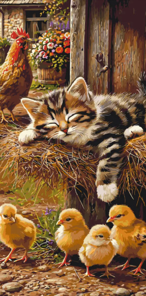 Картина по номерам Животные. Сладкий сон: котёнок, петух и цыплята, 40×80 см,LW5230