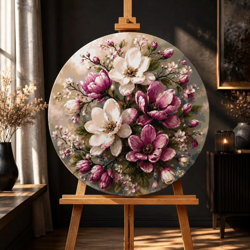 Круглая картина по номерам Цветы. Нежность магнолий, Ø50 см, OR2017