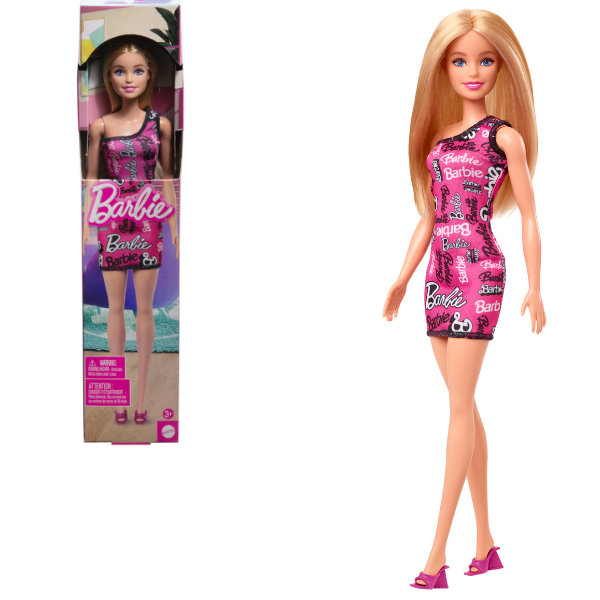 Кукла Barbie Fashion со светлыми волосами и розовом платье с принтом логотипа Barbie HRH07