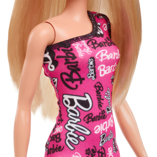 Кукла Barbie Fashion со светлыми волосами и розовом платье с принтом логотипа Barbie HRH07