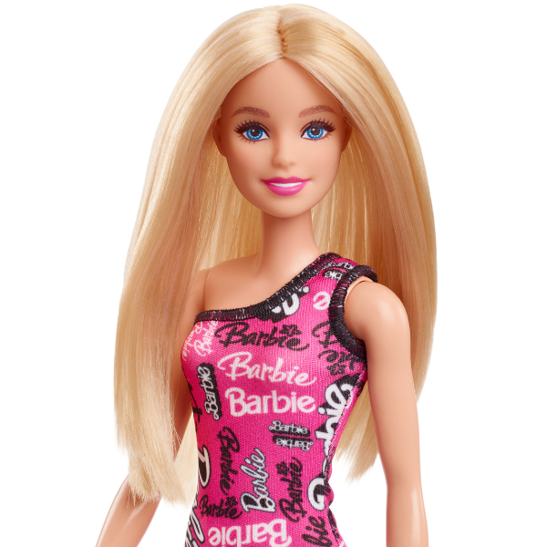 Кукла Barbie Fashion со светлыми волосами и розовом платье с принтом логотипа Barbie HRH07