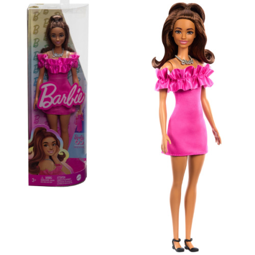Кукла Barbie «Модница с каштановыми волнистыми волосами и розовым платье» HRH15