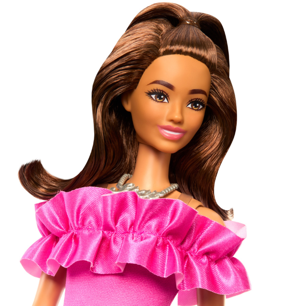 Кукла Barbie «Модница с каштановыми волнистыми волосами и розовым платье» HRH15