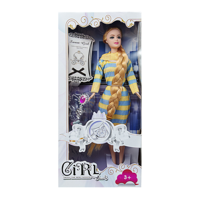 Papusa 29cm in rochie galben/albastru,vinil 492075