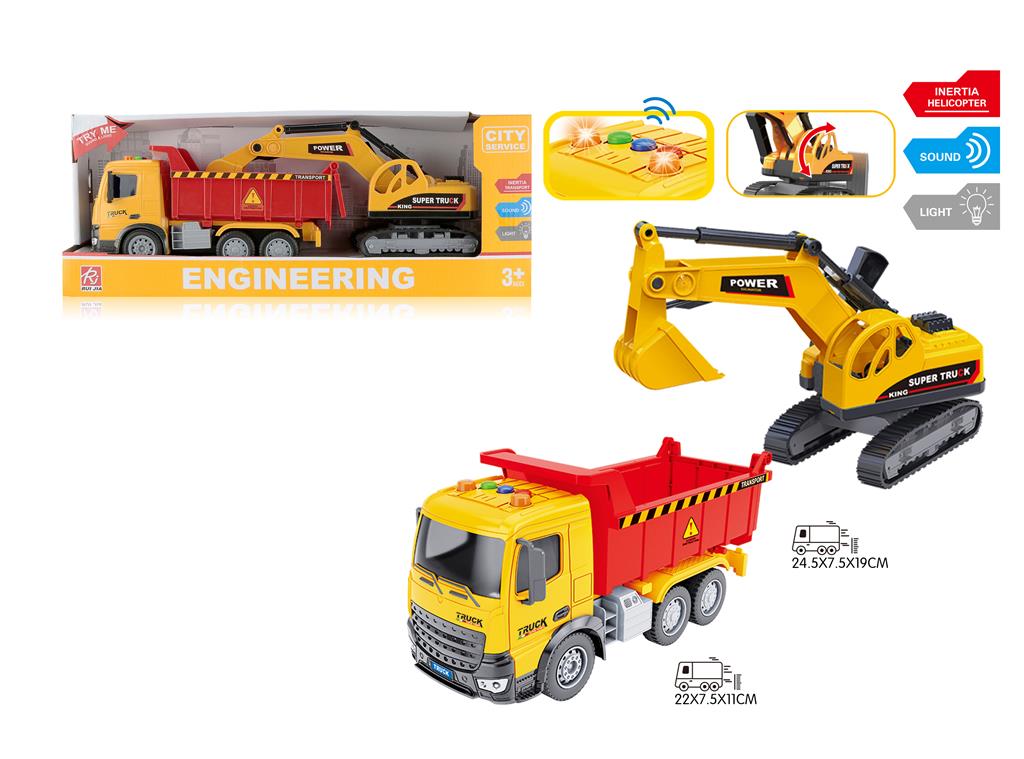 Camion cu inertie 1:18 cu excavator, (lumina, sunet) RJ3369