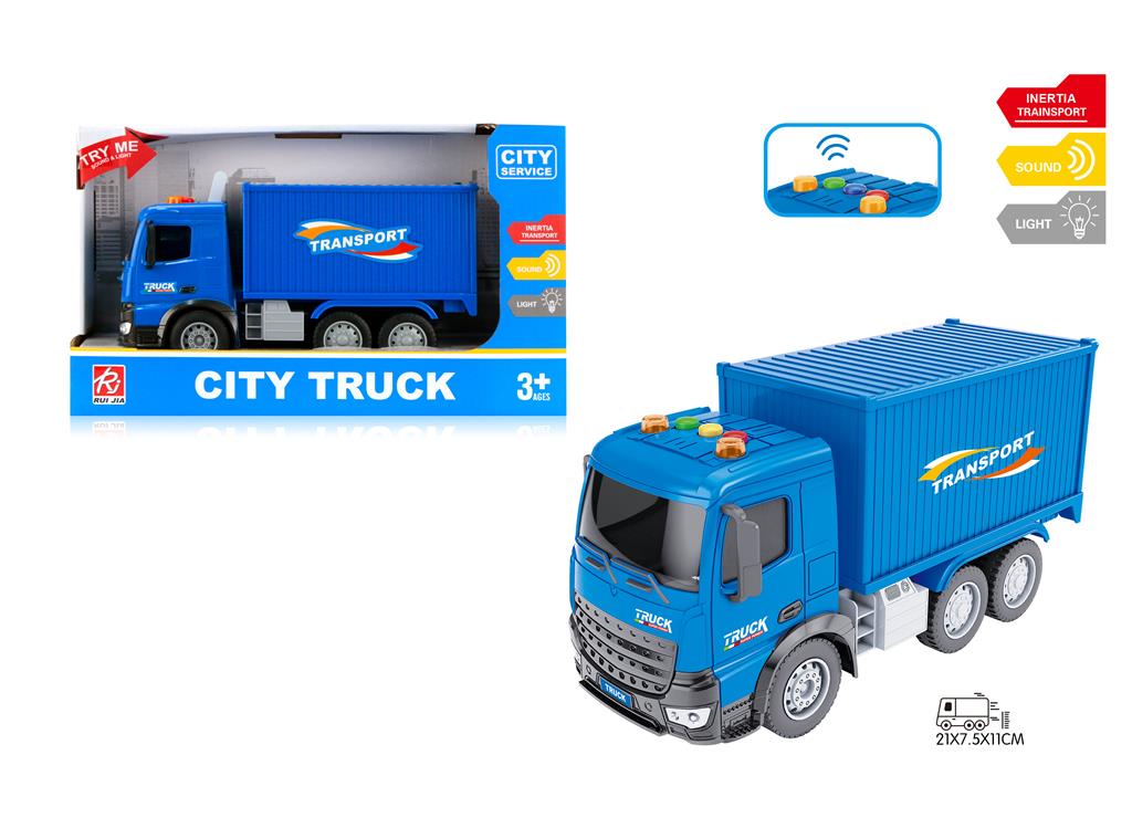 Camion container cu  inertie 1:18, (lumina/sunet), albastru RJ004B