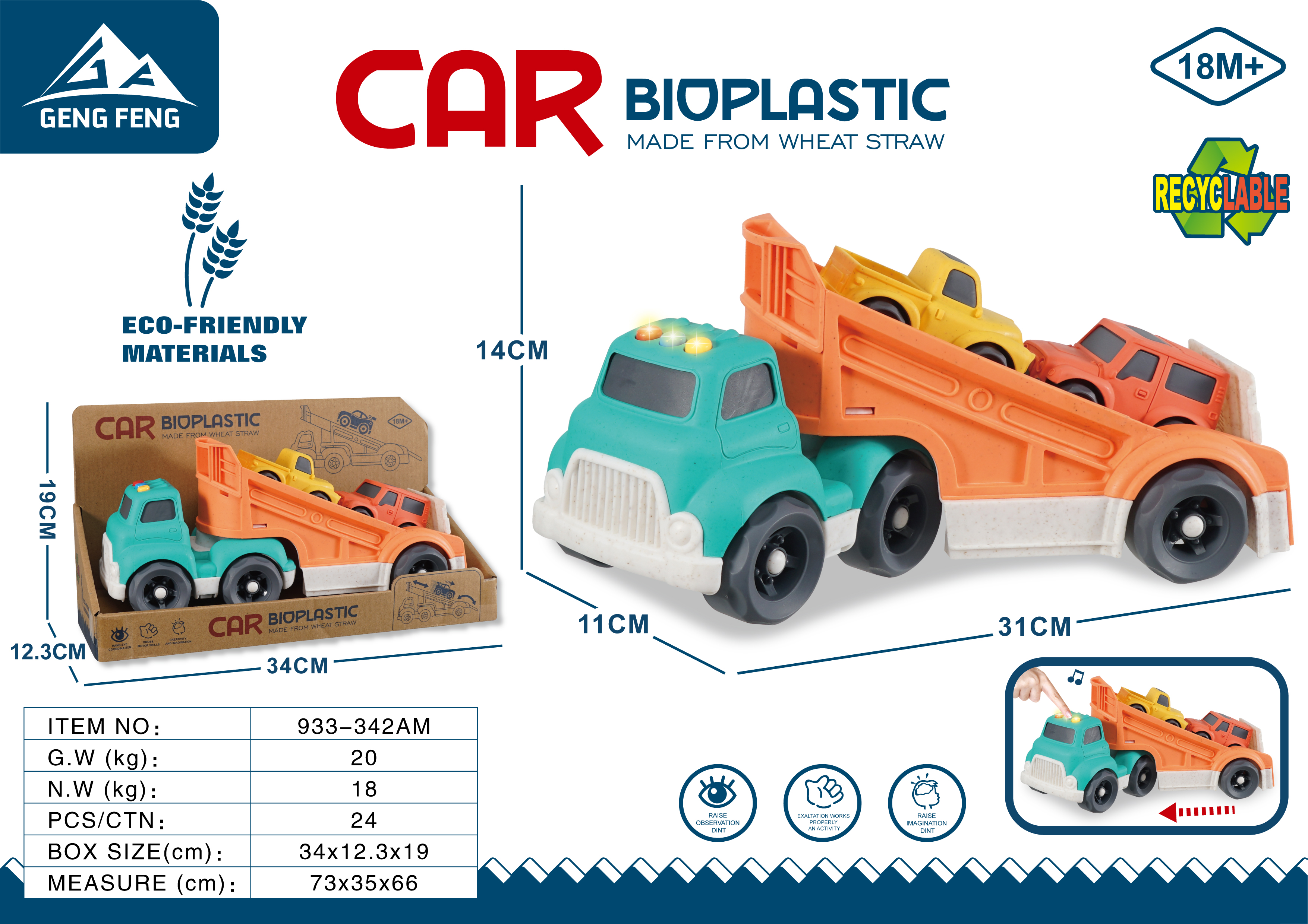 Set de joacă: Camion + 2 mașini din bioplastic (lumină/sunet) 933-342AM