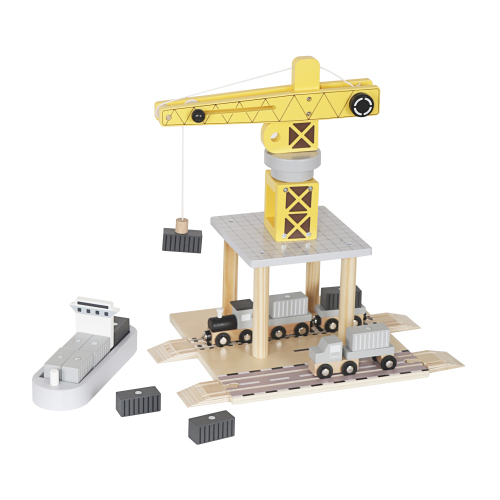 Деревянный игровой кран порт с кораблем и транспортными машинами W04A635