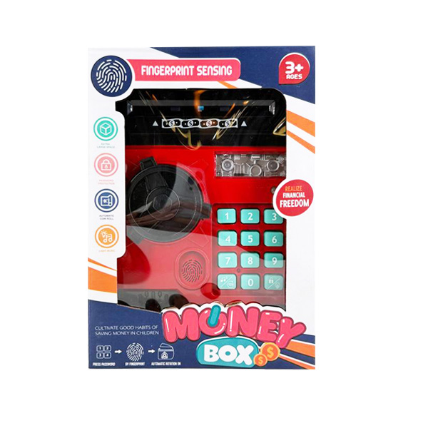 Pușculiță cu seif cu cod, neagră și roșie, cu amprentă 881501